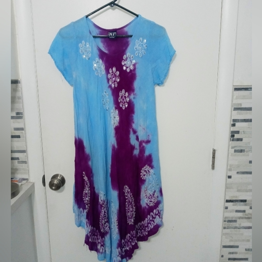 Free Size Blue Purple Flared Short Sleeve Lounge Dress Sequins All Over